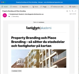 UTBILDNING: Property och Placebranding - så sätter du stadsdelar och fastigheter på kartan!

Nästa chans att gå vår populära utbildning kommer den 6 okt. Du hittar länken till anmälan via vår webbplats.

Property Passion är kursledare på Resumé & Fastighetsnytt Akademi.
🎓
